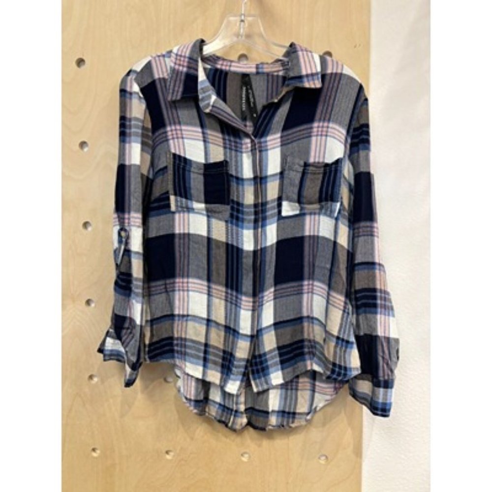 Liverpool  Roll Tab Sleeve Plaid High Low Hem Button-Up Shirt Multicolor Size S